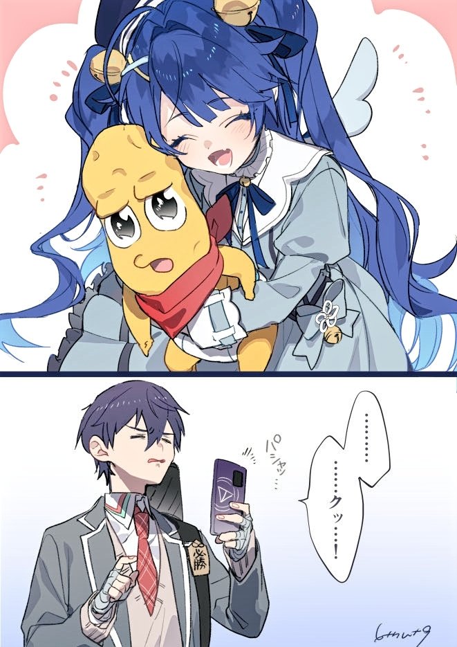 1girl 2boys 6tnut9 amamiya_kokoro amamiya_kokoro_(1st_costume) bandaged_arm bandages bell blazer blue_hair cellphone closed_eyes dress fang frilled_dress frills hair_bell hair_ornament jacket kenmochi_touya kenmochi_touya_(1st_costume) long_hair mode_aim multiple_boys necktie nijisanji open_mouth peanuts-kun phone red_necktie scarf school_uniform skin_fang smartphone virtual_youtuber