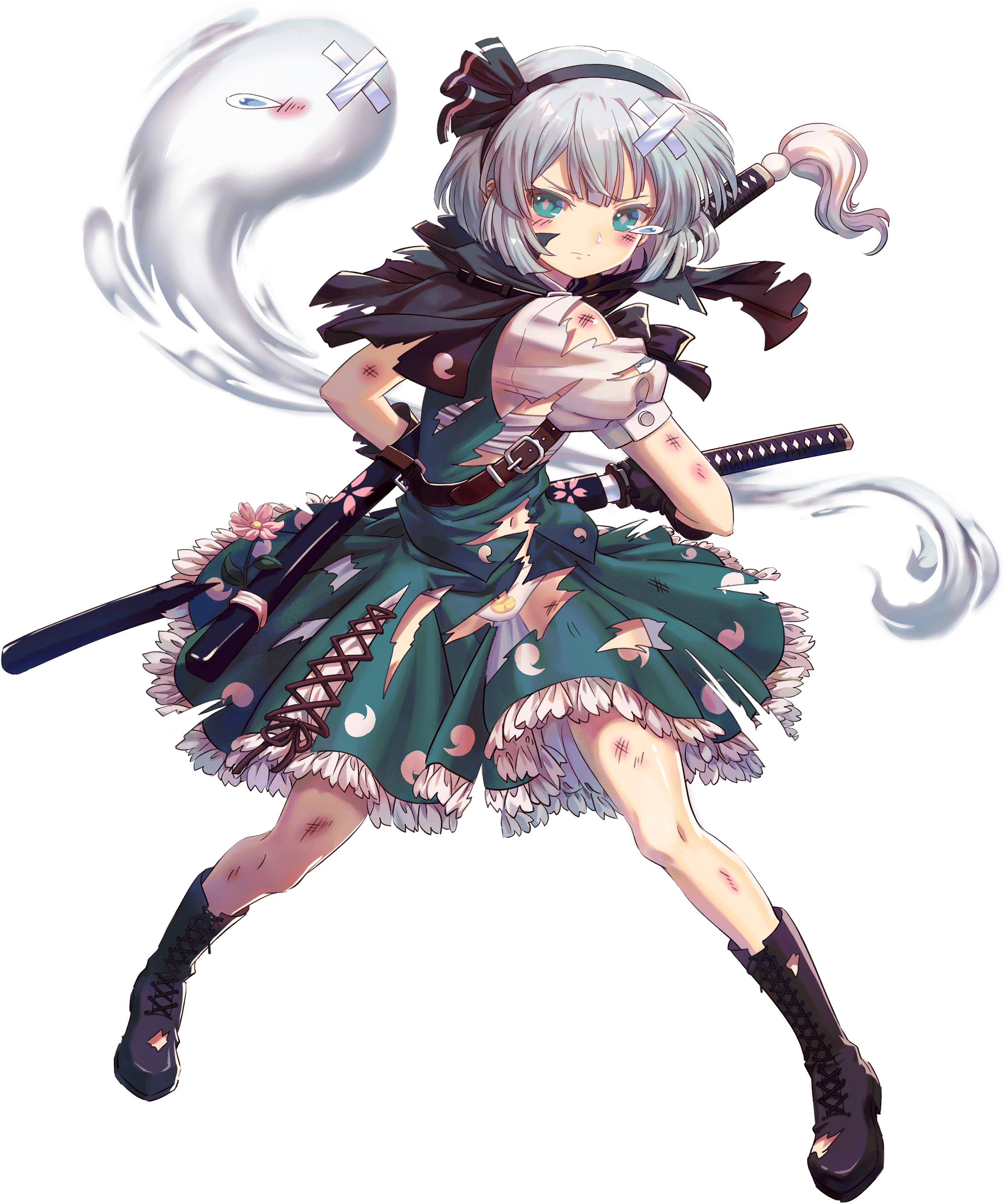 >:( 1girl absurdres belt black_capelet black_footwear black_hairband boots bra capelet chest_sarashi crossed_bandaids duck_print flower frilled_skirt frills game_cg green_skirt green_vest hairband highres holding holding_sword holding_weapon injury katana konpaku_youmu konpaku_youmu_(ghost) kumio navel non-web_source panties pink_flower sarashi scabbard sheath shirt skirt sword tachi-e teardrop torn_boots torn_clothes torn_footwear torn_shirt torn_skirt torn_vest touhou touhou_blooming_chaos underwear v-shaped_eyebrows vest wakizashi weapon white_bra white_hair white_panties white_shirt