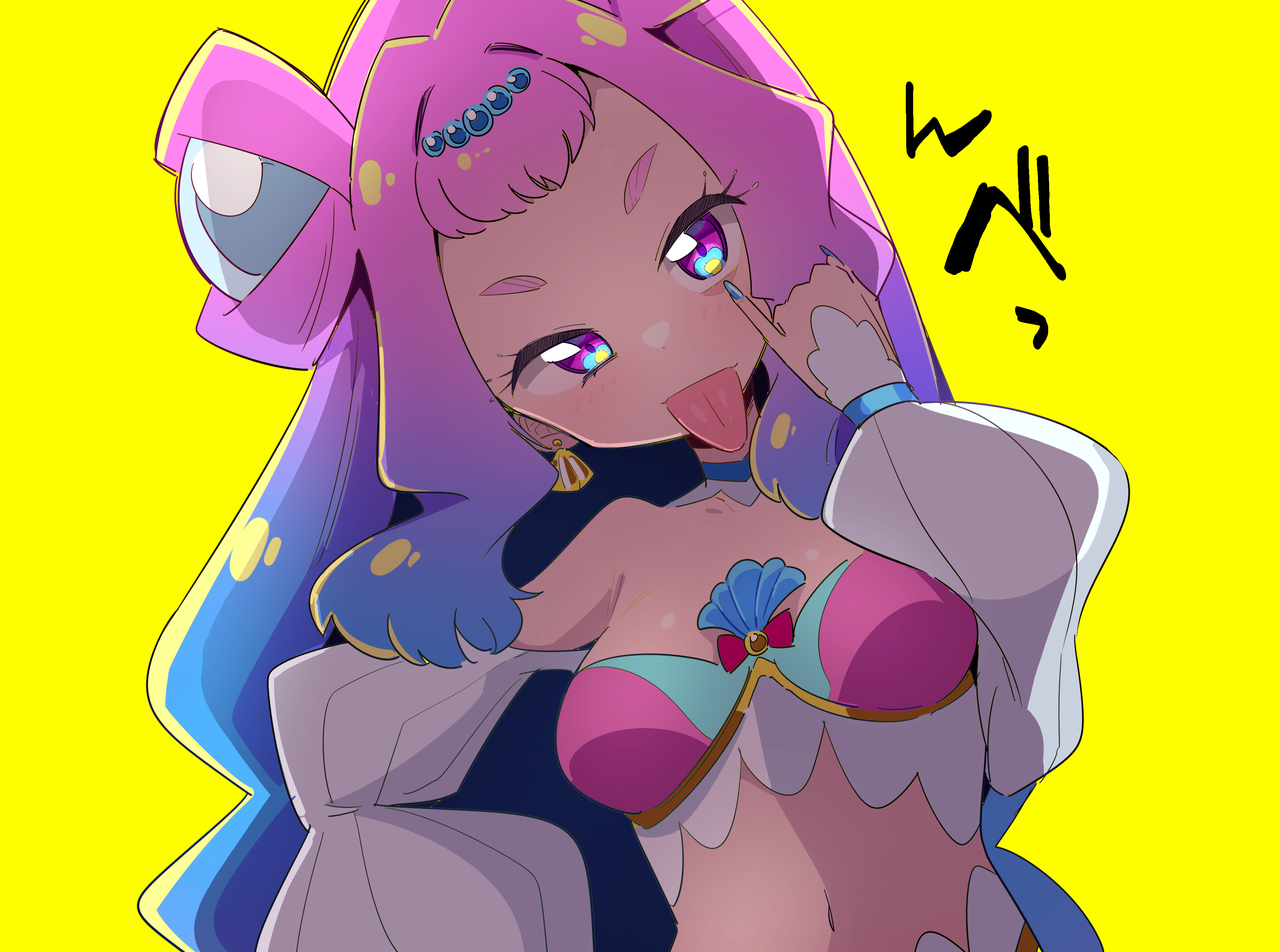 1girl absurdres akanbe backlighting blue_eyes blue_hair blue_nails cure_la_mer detached_collar detached_sleeves double_bun earrings eyelid_pull female_focus gradient_hair hair_bun hair_ornament highres hrgm jewelry laura_(precure) long_hair looking_at_viewer multicolored_eyes multicolored_hair nail_polish precure purple_eyes purple_hair sidelocks simple_background solo tongue tongue_out tropical-rouge!_precure upper_body yellow_background