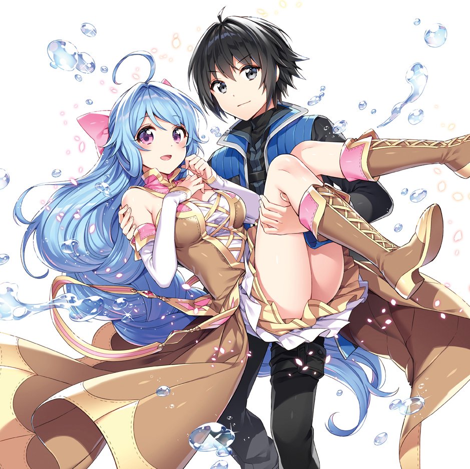 1boy 1girl :d ahoge ass black_eyes black_hair black_pants blue_hair blush boots bow carrying cover cover_page detached_sleeves dress hair_bow hand_on_own_chest jacket knee_boots layered_dress long_hair nardack novel_cover official_art open_mouth pants pink_eyes princess_carry short_hair simple_background sirius_(world_teacher) sleeveless sleeveless_dress smile splatter white_background world_teacher_-isekaishiki_kyouiku_agent- wreath_(world_teacher)