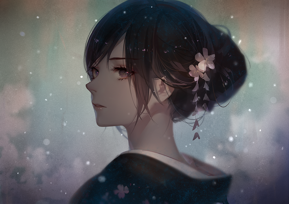 10s 1girl ask_(askzy) blurry brown_hair depth_of_field female_focus film_grain flower hair_flower hair_ornament hair_up japanese_clothes kimono looking_at_viewer portrait remembrance_of_earth&#039;s_past solo sophon