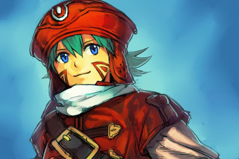 .hack// .hack//tasogare_no_udewa_densetsu 1boy belt blue_background blue_eyes closed_mouth commentary_request facial_mark green_hair hat hungry_clicker kite_(.hack//) looking_at_viewer male_focus red_hat scarf smile solo upper_body vest white_scarf