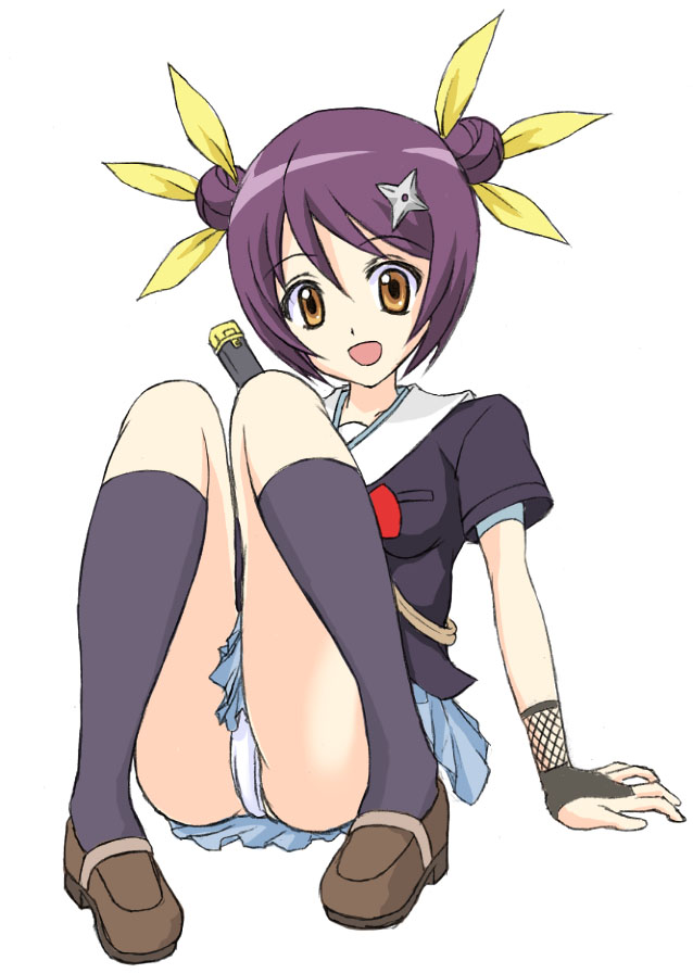 00s 1girl arm_support betanya bridal_gauntlets double_bun female_focus fishnets hair_bun hair_ribbon himawari himawari! hinata_himawari hyuuga_himawari kneehighs leaning_back ninja okama orange_eyes panties pantyshot purple_hair purple_socks ribbon sheath short_hair shuriken sitting skirt socks solo underwear weapon white_panties yellow_eyes