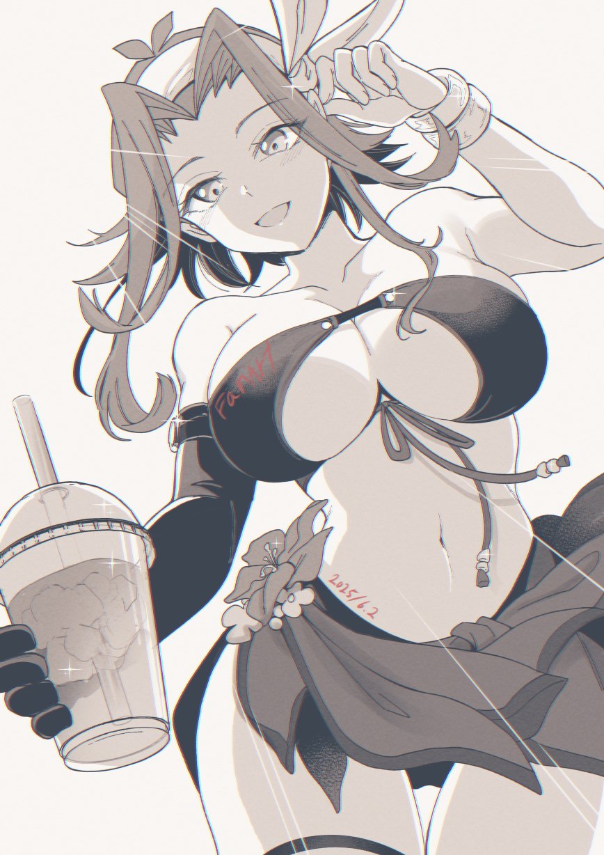 1girl bare_shoulders bikini breasts cleavage cowboy_shot cup dated drinking_straw flower grey_background greyscale highres holding holding_cup izayoi_aki jote_(chokure) large_breasts monochrome navel simple_background solo swimsuit yu-gi-oh! yu-gi-oh!_5d&#039;s