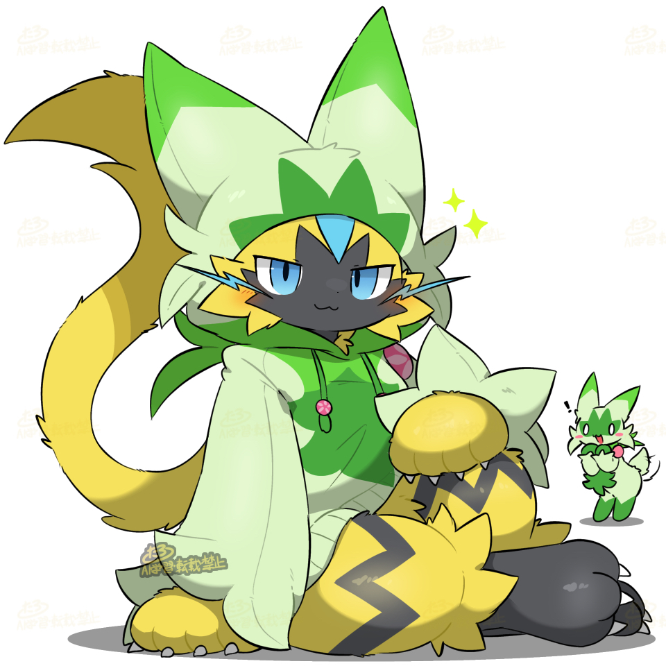 ! blue_eyes blush claws commentary_request cosplay floragato floragato_(cosplay) gen_7_pokemon hood hood_up hoodie legendary_pokemon looking_at_another looking_at_viewer mythical_pokemon nintendo pokemon pokemon_(creature) sitting smile sparkle taro_(tontaro) translation_request whiskers white_background zeraora