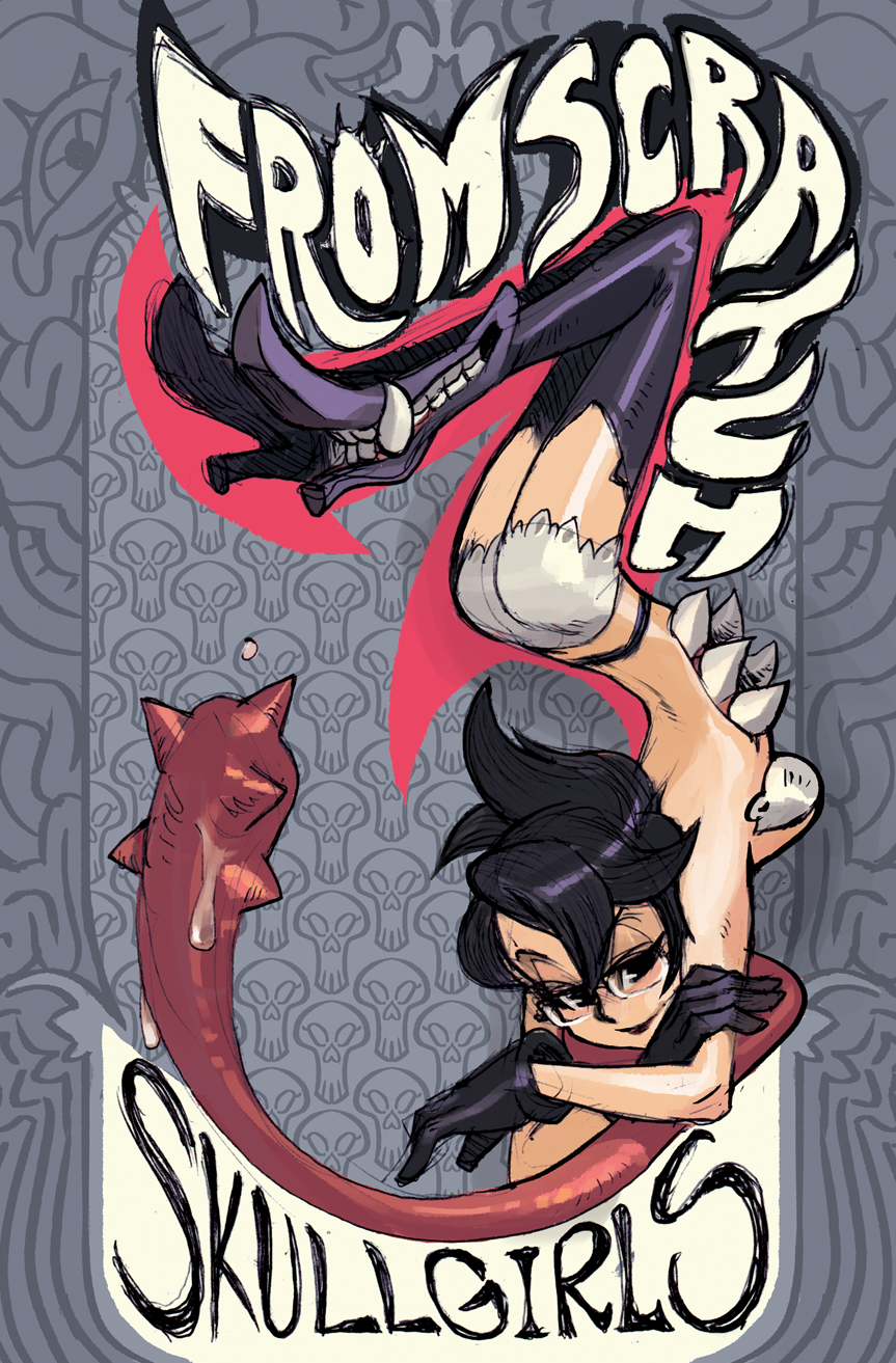 1girl alex_ahad black_eyes black_gloves black_hair black_thighhighs boots commentary cover cover_page extra_mouth folded_ponytail glasses gloves high_heel_boots high_heels highres legs_together light_smile long_tongue over-rim_eyewear semi-rimless_eyewear short_hair short_shorts shorts skullgirls solo teeth thigh_boots thighhighs tongue tongue_out upside-down venus_(skullgirls) very_long_tongue