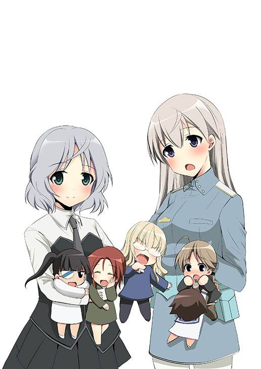 6+girls artist_request black_hair black_jacket black_pantyhose blonde_hair blue_jacket blush brown_hair chibi closed_eyes eila_ilmatar_juutilainen eyepatch glasses green_jacket holding jacket long_hair lynette_bishop military military_uniform minna-dietlinde_wilcke miyafuji_yoshika multiple_girls necktie open_mouth pantyhose perrine_h._clostermann red_hair sakamoto_mio sanya_v._litvyak school_uniform short_hair simple_background standing strike_witches white_background white_hair white_jacket world_witches_series