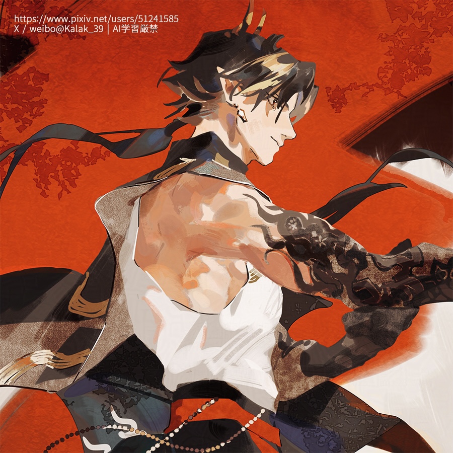 1boy arknights black_skin brown_hair chongyue_(arknights) colored_skin dragon_boy dragon_horns floating_hair gradient_skin horns kalak_39 long_hair low-tied_long_hair multicolored_hair pointy_ears solo two-tone_hair