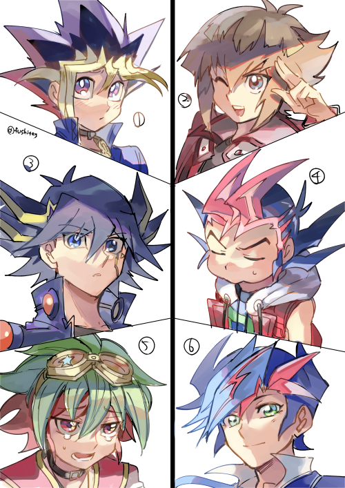 6+boys blue_eyes blue_hair brown_hair closed_eyes closed_mouth fudo_yusei fujiki_yusaku fushitasu goggles goggles_on_head green_eyes male_focus multiple_boys muto_yugi one_eye_closed pink_eyes pout sakaki_yuya short_hair sweatdrop tears tsukumo_yuma yu-gi-oh! yu-gi-oh!_5d&#039;s yu-gi-oh!_arc-v yu-gi-oh!_duel_monsters yu-gi-oh!_gx yu-gi-oh!_vrains yu-gi-oh!_zexal yuki_judai