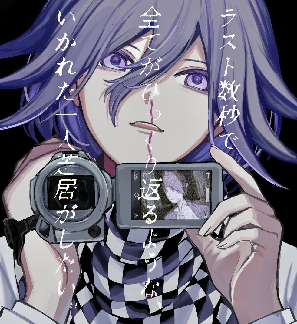 1boy :d black_hair blood camera checkered_neckerchief danganronpa_(series) danganronpa_v3:_killing_harmony flipped_hair hair_between_eyes hands_up holding holding_camera jacket long_sleeves looking_at_viewer male_focus momota_kaito neckerchief nosebleed oma_kokichi open_mouth pink_eyes portrait qiretsu smile solo teeth translation_request upper_teeth_only