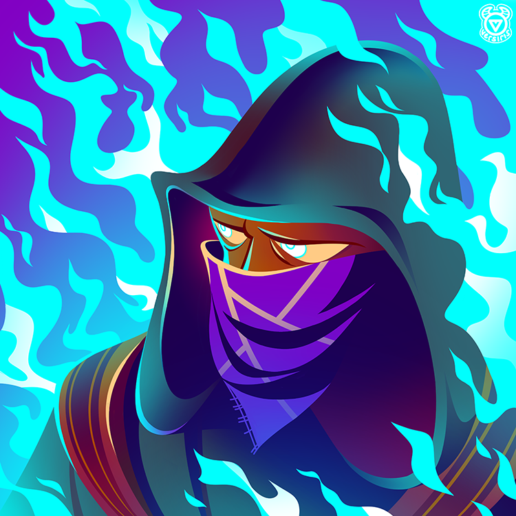 1boy artist_logo black_robe blue_fire colored_sclera covered_mouth fire hood hood_up logo looking_ahead male_focus merchant_(resident_evil) purple_bandana resident_evil resident_evil_4 robe solo upper_body versiris white_eyes yellow_sclera
