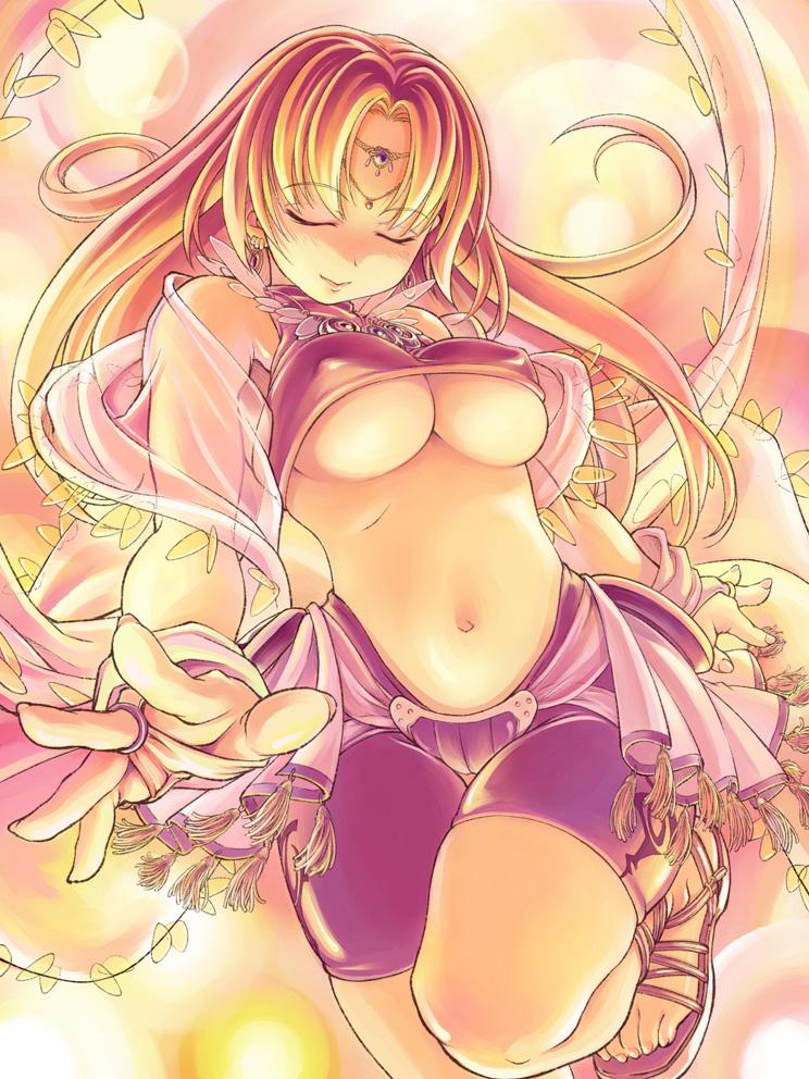 1girl arabian_clothes blush breasts bridal_gauntlets brown_hair cleavage closed_eyes dancer dancer_(ragnarok_online) earrings halterneck harem_outfit jewelry large_breasts long_hair looking_at_viewer midriff mil_(xration) navel pink_footwear pink_shirt pink_shorts ragnarok_online sandals shirt shorts showgirl_skirt smile source_request standing underboob veil