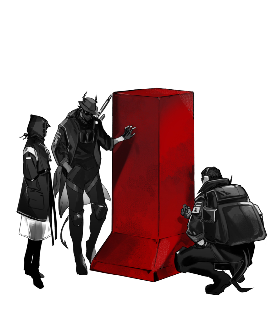 1other 2boys ace_(arknights) air_gun arknights backpack bag demon_horns demon_tail doctor_(arknights) fingerless_gloves full_body gloves gun gun_on_back hand_in_pocket headset hood hood_up hooded_coat horns horns_through_headwear jacket kaifei_(kaifei_29) knee_pads long_sleeves male_focus mask mouth_mask multiple_boys open_clothes open_jacket pants partially_colored pouch scout_(arknights) simple_background squatting sunglasses tail thigh_strap tombstone weapon weapon_on_back white_background