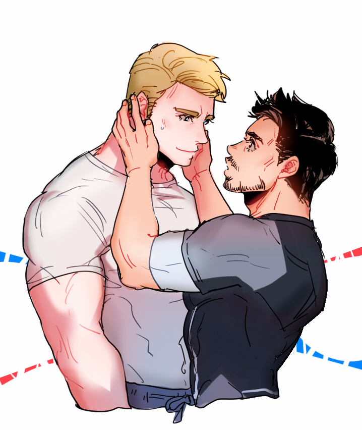 2boys anzumame beard black_shirt blonde_hair blue_eyes blue_pants blush brown_eyes brown_hair captain_america_(series) closed_mouth commentary_request crew_neck cropped_torso eye_contact facial_hair fingernails hands_on_another&#039;s_face iron_man_(series) korean_commentary looking_at_another male_focus marvel multiple_boys pants shirt short_sideburns short_sleeves smile steve_rogers sweatpants thick_eyebrows tight_clothes tony_stark white_background white_shirt yaoi