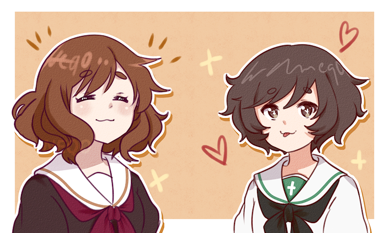 2girls :3 akiyama_yukari brown_eyes brown_hair brown_serafuku closed_eyes commentary crossover girls_und_panzer heart hibike!_euphonium kitauji_high_school_uniform medium_hair multiple_girls neqo_(neneneqo) ooarai_school_uniform oumae_kumiko school_uniform serafuku short_hair smile tongue tongue_out