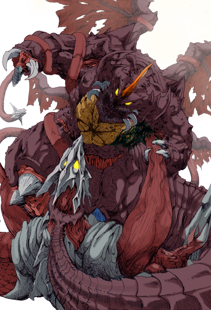 arm_blade bleeding blood claws colored_blood crest crossover daiei_film destoroyah gamera_(series) gamera_3:_revenge_of_iris giant giant_monster glowing glowing_eyes godzilla_(series) godzilla_vs._destoroyah green_blood horns injury iris_(gamera) kaiju monster muscular_arms muscular_legs no_humans open_mouth pincers semania9ja sharp_teeth simple_background single_horn stab tail teeth tentacles thick_thighs thighs toho torn_wings tusks veins veiny_tentacles weapon white_background wings yellow_eyes
