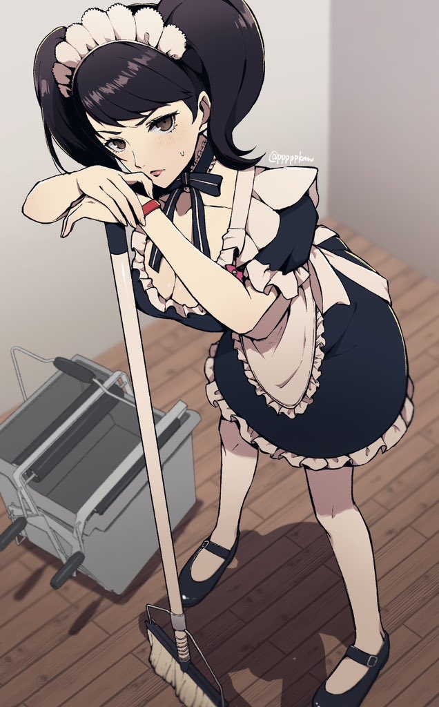 1girl apron black_dress black_hair black_ribbon black_shoes breasts brown_eyes bucket cleavage closed_mouth collarbone dress frilled_apron frilled_dress frills from_above hairband holding holding_mop indoors kawakami_sadayo large_breasts long_hair looking_at_viewer maid maid_apron maid_headdress mop neck_ribbon official_alternate_costume official_alternate_hairstyle persona persona_5 pppppknw ribbon shoes solo standing sweatdrop thighhighs twitter_username white_apron white_hairband white_thighhighs