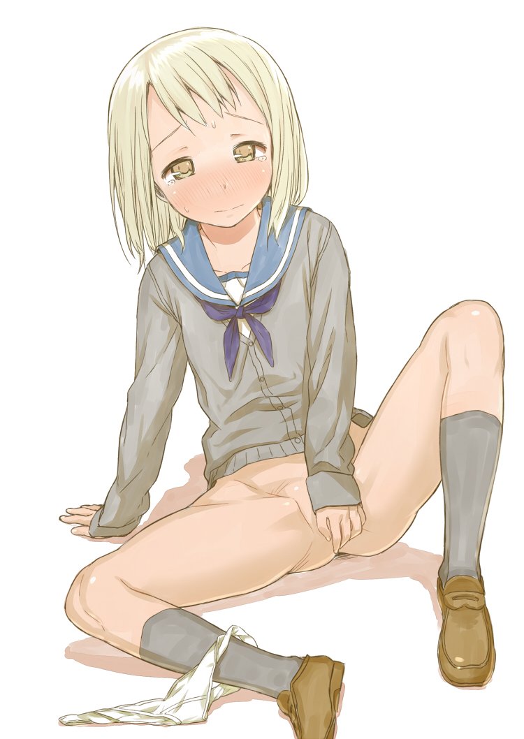 1girl black_socks blonde_hair blush covering_crotch covering_privates elma_leivonen female_focus kinniku_tarou kneehighs loafers looking_at_viewer panties panties_around_leg school_uniform serafuku shoes short_hair simple_background sitting socks solo spread_legs strike_witches strike_witches:_suomus_misfits_squadron tears underwear white_background white_panties world_witches_series yellow_eyes