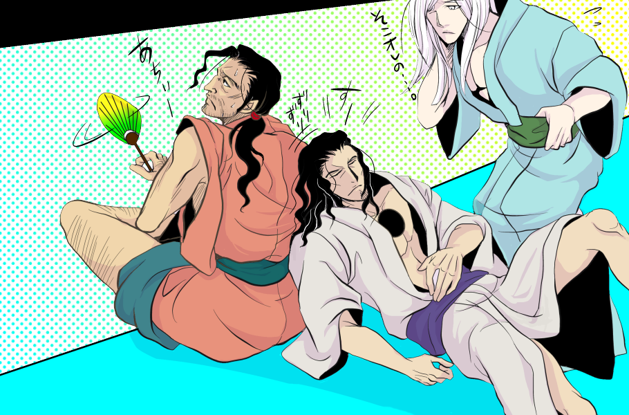3boys arrancar black_hair bleach blush brown_hair c3802 coyote_starrk kyouraku_shunsui male_focus multiple_boys open_clothes open_shirt shirt smile ukitake_juushirou white_hair