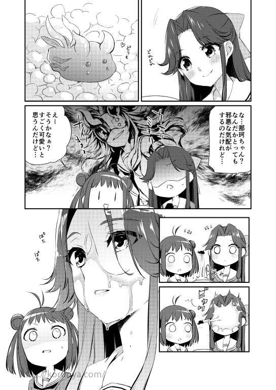 10s 3girls :d abyssal_ship ahoge antenna_hair blindfold blush comic double_bun dripping extra_eyes greyscale hair_bun hair_intakes hair_ribbon half_updo horns jintsuu_(kancolle) jumping kantai_collection koruri light_cruiser_princess long_hair looking_to_the_side monochrome multiple_girls naka_(kancolle) necktie o_o open_mouth parted_bangs ribbon school_uniform serafuku shaded_face short_sleeves slug smile spitting translation_request water watermark web_address wet wet_face |_|