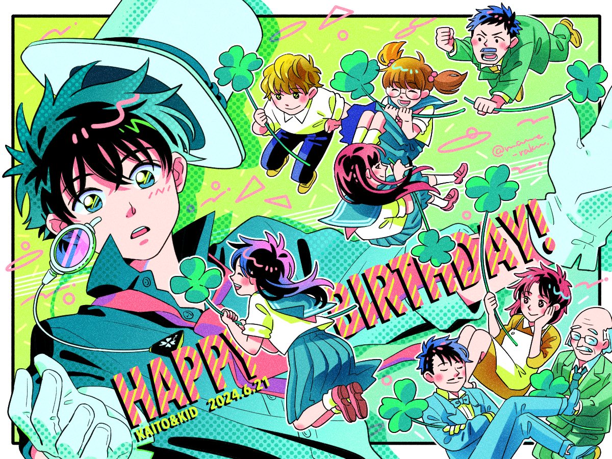 2024 4girls 5boys balding birthday black_hair blonde_hair blue_eyes border brown_hair closed_eyes clover commentary_request dated english_text facial_hair father_and_daughter father_and_son floating floating_clothes four-leaf_clover glasses gloves grey_hair hakuba_saguru hat holding holding_clover husband_and_wife jii_kounosuke kaitou_kid koizumi_akako kuroba_chikage kuroba_kaito kuroba_touichi long_hair looking_at_another looking_down magic_kaito maro_mayuge momoi_keiko_(magic_kaito) monocle monocle_chain mother_and_son multiple_boys multiple_girls mustache nakamori_aoko nakamori_ginzo necktie open_mouth pink_necktie pleated_skirt red_hair school_uniform short_hair signature skirt smile top_hat twintails unworn_eyewear white_border white_gloves