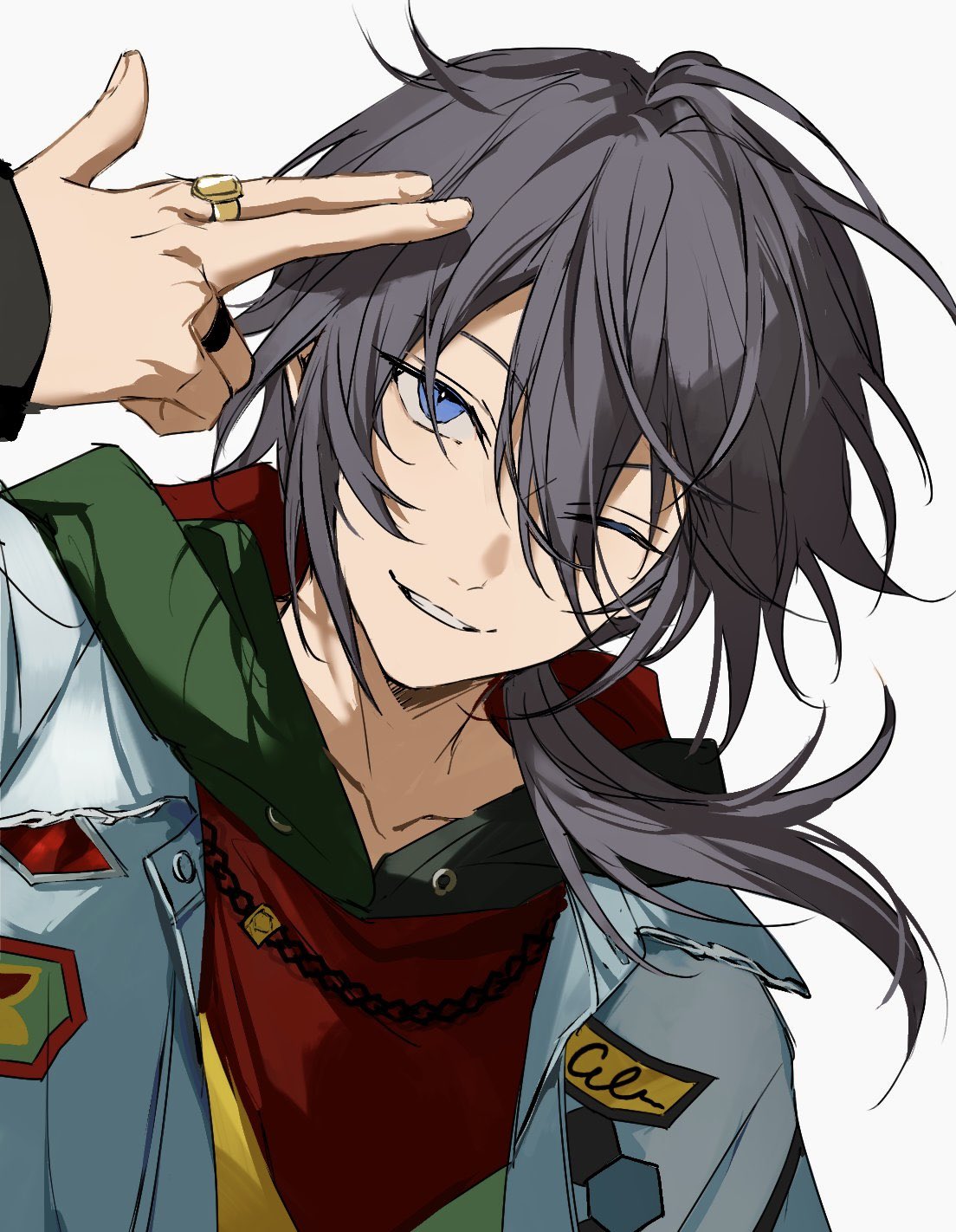 1boy blue_eyes blue_jacket double-parted_bangs dutch_angle ensemble_stars! green_hoodie grey_hair hair_between_eyes hair_floating_upwards hand_on_own_head hand_up highres hood hoodie jacket jewelry long_bangs looking_at_viewer low_ponytail male_focus multicolored_hoodie multiple_rings nozz177 one_eye_closed open_clothes open_jacket parted_lips ponytail portrait red_hoodie ring shiina_niki simple_background smile solo teeth white_background wind