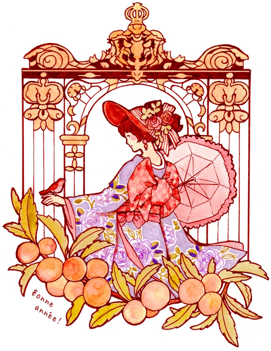 annabelle51 art_nouveau bird floral_print floral_print_kimono food french_text fruit hat japanese_clothes kimono long_sleeves obi original painting_(medium) parasol peach print_kimono purple_kimono red_hair red_sash sash traditional_media translation_request umbrella watercolor_(medium) wide_sleeves