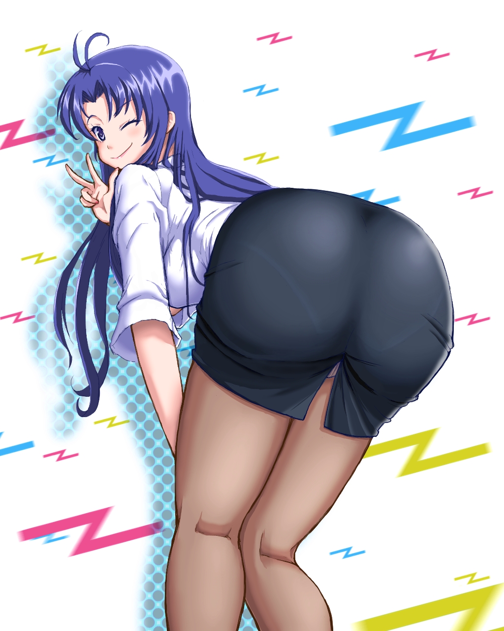 10s 1girl ahoge antenna_hair ass bent_over blue_eyes blue_hair crotch_seam denpa_onna_to_seishun_otoko female_focus highres kneepits long_hair matching_hair/eyes mature_female miniskirt one_eye_closed panties panties_under_pantyhose pantyhose pantylines pantyshot pencil_skirt skirt smile smirnoff_(pixiv) solo touwa_meme underwear upskirt v wink