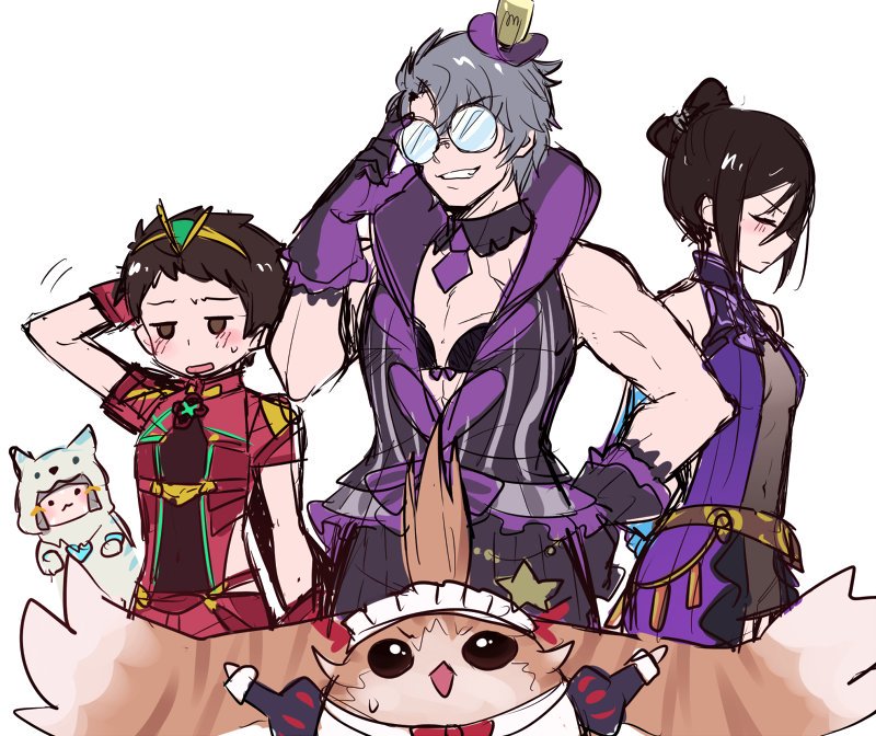 animal_costume animal_ears animal_print armor blush breasts brighid_(xenoblade) brighid_(xenoblade)_(cosplay) cat_ears closed_eyes collarbone cosplay curly_hair eyepatch fingerless_gloves glasses gloves hat jacket jewelry long_hair looking_at_viewer madanai_(morisumeshi) maid military morag_ladair_(xenoblade) nia_(xenoblade) nintendo nopon opaque_glasses open_mouth pandoria_(xenoblade) pandoria_(xenoblade)_(cosplay) pointy_ears poppi_(xenoblade) poppi_(xenoblade)_(cosplay) poppi_qt_(xenoblade) poppi_qt_(xenoblade)_(cosplay) pyra_(xenoblade) pyra_(xenoblade)_(cosplay) rex_(xenoblade) short_hair silver_hair simple_background smile tiger_costume tiger_print tora_(xenoblade_2) uniform xenoblade_chronicles_(series) xenoblade_chronicles_2 yellow_eyes zeke_von_genbu_(xenoblade)
