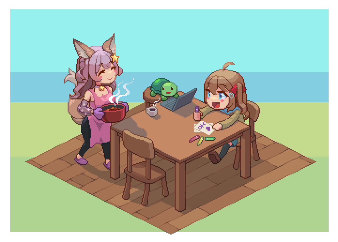 2girls :d ^_^ ahoge animal animal_ears annytf apron black_leggings blue_eyes blush border bowl cardigan chair choker closed_eyes coffee_mug computer crayon cup drawing family food fox_ears fox_girl fox_tail gloves hair_ornament hair_ribbon holding holding_bowl holding_crayon indie_virtual_youtuber laptop leggings light_brown_hair light_purple_hair live2d_inc. long_hair mmeizterr mug multiple_girls neuro-sama open_mouth oven_mitts pink_apron pixel_art purple_gloves red_ribbon ribbon school_uniform serafuku sitting smile star_(symbol) star_hair_ornament table tail turtle two_side_up vedal987 virtual_youtuber white_border yellow_cardigan