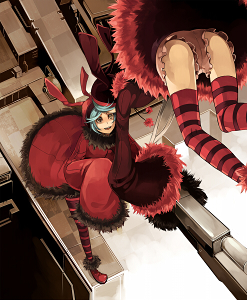 ass bad_id bad_pixiv_id bloomers blue_hair dogs:_bullets_&amp;_carnage heterochromia long_sleeves luki mecha midair noki riku_(artist) riku_(wana) robot short_hair striped_clothes striped_legwear striped_thighhighs thighhighs underwear yellow_eyes