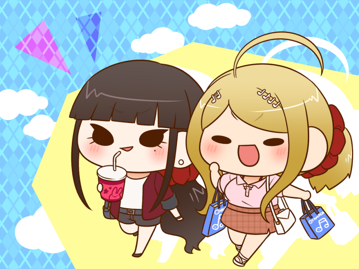 2girls ahoge akamatsu_kaede alternate_costume argyle_background bag bare_legs belt belt_buckle black_belt black_eyes black_footwear black_shorts blonde_hair blue_background blunt_bangs bra_strap brown_hair buckle buttons casual chibi cloud collared_shirt commentary_request cup danganronpa_(series) danganronpa_v3:_killing_harmony denim denim_shorts disposable_cup drink drinking drop_shadow earrings elbow_carry eyelashes fortissimo full_body hair_ornament hair_scrunchie hand_on_own_cheek hand_on_own_face happy harukawa_maki holding holding_bag holding_drink jacket jewelry light_blush long_hair long_sleeves looking_ahead low_ponytail miniskirt mole mole_under_eye multiple_girls musical_note musical_note_hair_ornament notice_lines open_clothes open_jacket open_mouth orange_skirt pale_skin pink_shirt plaid_clothes plaid_skirt ponytail red_jacket red_scrunchie sandals scrunchie shirt shoes shopping_bag short_sleeves shorts shoulder_bag sidelocks skirt three-quarter_sleeves smile solid_oval_eyes stud_earrings triangle_mouth two-tone_background unmoving_pattern v-shaped_eyebrows very_long_hair white_bag white_footwear white_shirt yellow_background yumaru_(marumarumaru)