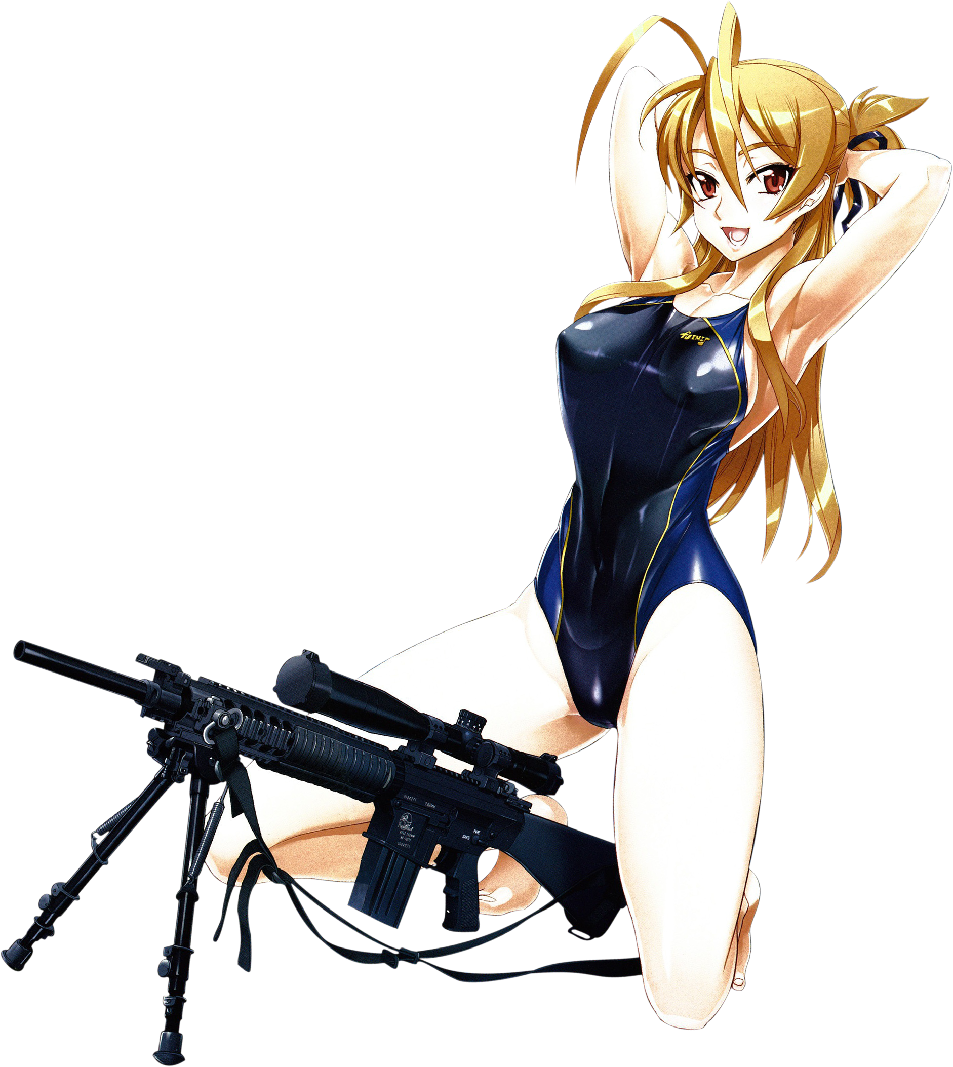 1girl antenna_hair ar-10 armpits arms_behind_head bare_legs barefoot battle_rifle bipod breasts brown_hair competition_swimsuit covered_erect_nipples female_focus full_body gun highres highschool_of_the_dead kneeling large_breasts long_hair miyamoto_rei one-piece_swimsuit open_mouth red_eyes rifle satou_shouji scope sniper_rifle solo swimsuit transparent_background weapon