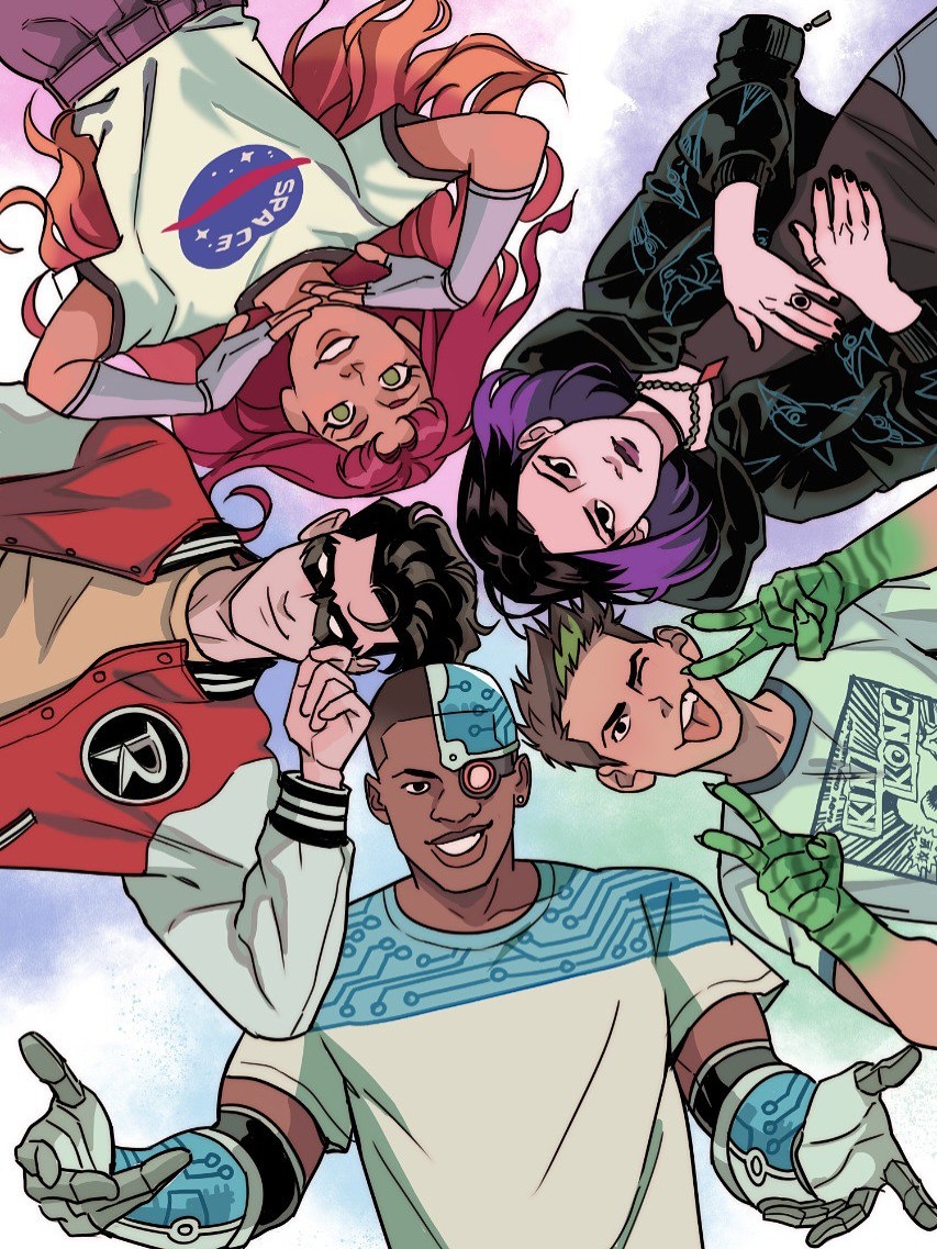 2girls 3boys beast_boy_(dc) couple cyborg_(dc) dc_comics dick_grayson gabriel_picolo garfield_logan happy koriand&#039;r looking_at_viewer multiple_boys multiple_girls rachel_roth raven_(dc) robin_(dc) smile starfire teen_titans victor_stone
