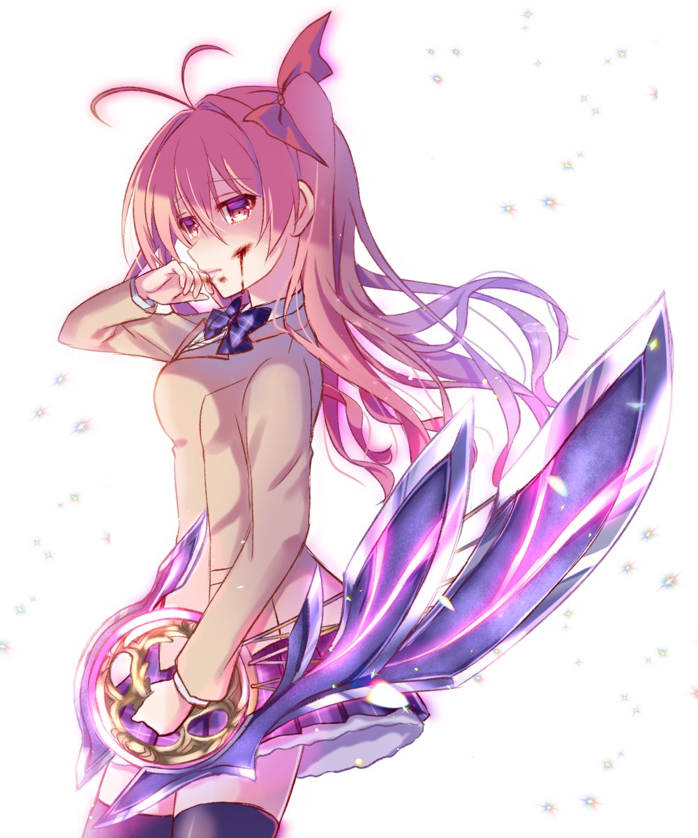 1girl antenna_hair black_thighhighs blazer blood blood_on_face blue_neckwear blue_skirt bow brown_eyes chaos;head cowboy_shot floating_hair from_side hair_between_eyes hair_bow hair_intakes highres holding holding_weapon jacket long_hair long_sleeves miniskirt nishijou_myu pink_hair plaid_clothes plaid_neckwear pleated_skirt red_bow sakihata_rimi school_uniform side_ponytail skirt solo standing thighhighs very_long_hair weapon white_background zettai_ryouiki