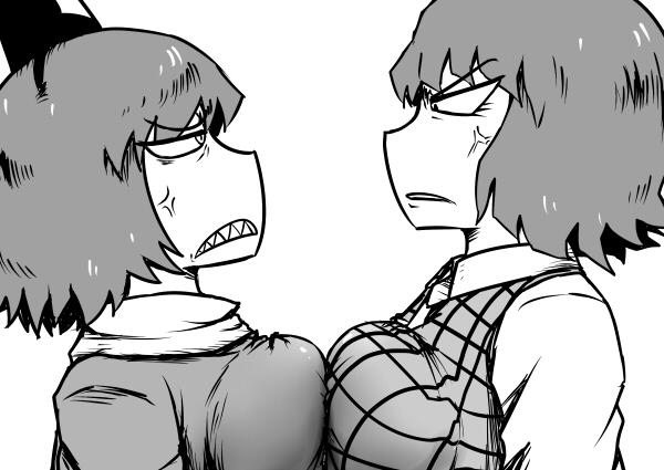2girls anger_vein breast_contest breast_press breasts collared_shirt commentary_request eye_contact face-to-face greyscale hat kazami_yuuka long_sleeves looking_at_another monochrome multiple_girls nicetack plaid_clothes plaid_vest sharp_teeth shirt short_hair simple_background soga_no_tojiko stare_down symmetrical_docking tate_eboshi teeth touhou vest