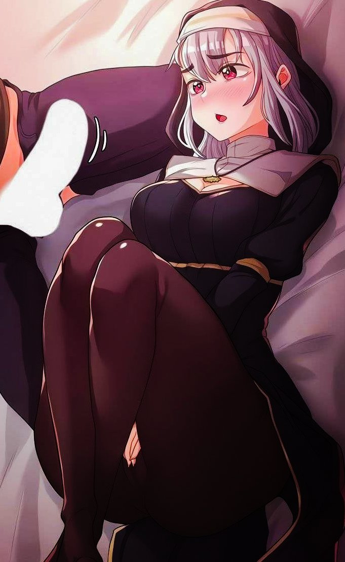 1girl bed black_dress black_pantyhose black_veil blush ciaree_(i_am_the_villain) collared_dress dress i_am_the_villain kneeling long_hair lying nun open_mouth pantyhose pink_hair tongue veil white_hair