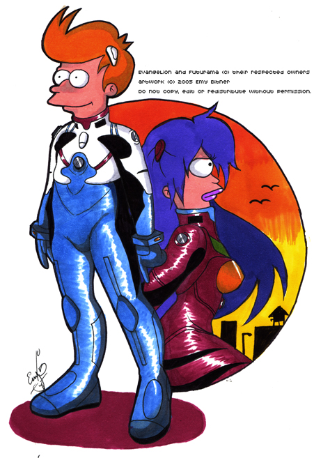 1boy 1girl 2005 cosplay futurama ikari_shinji_(cosplay) mecha_pilot_suit neon_genesis_evangelion orange_hair philip_j_fry plugsuit_(cosplay) plugsuit_(evangelion) purple_hair souryuu_asuka_langley_(cosplay) tagme turanga_leela