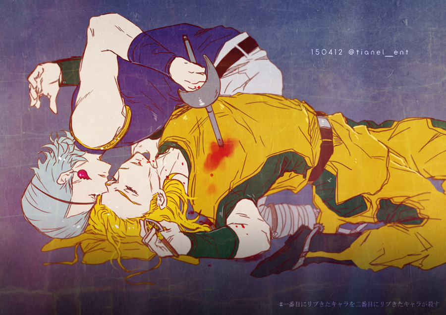 2boys bleeding blonde_hair blood blood_in_mouth blue_eyes chaps cowboy_hat earrings flattop grey_hair hat hol_horse impaled jean_pierre_polnareff jewelry jojo_no_kimyou_na_bouken male_focus multiple_boys rapier stab stardust_crusaders sword tianel_ent vento_aureo weapon