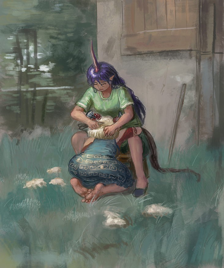 2girls amibazh barefoot black_footwear blue_dress closed_eyes commentary_request dress fine_art_parody full_body grass hair_between_eyes holding holding_scissors horns long_bangs long_hair multiple_girls parody purple_hair red_horns scissors sheep_horns sheep_shearer_(mauve) shoes single_horn sitting sleeveless sleeveless_dress tenkajin_chiyari touhou toutetsu_yuuma white_hair
