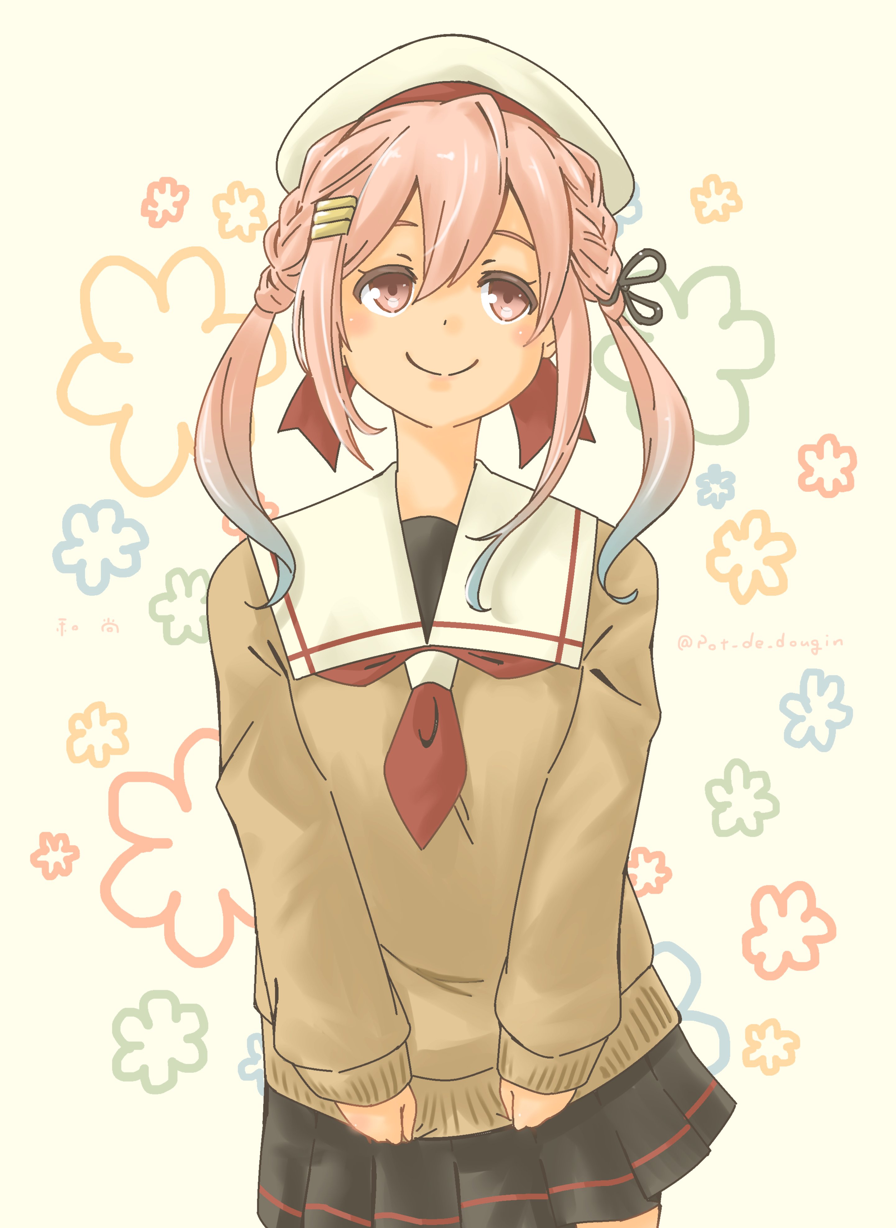 1girl absurdres alternate_color alternate_hairstyle black_skirt brown_sweater facing_viewer floral_background gradient_hair hair_ornament hairclip harusame_(autumn)_(kancolle) harusame_(kancolle) hat highres kantai_collection looking_up multicolored_hair neckerchief official_alternate_costume pink_hair pleated_skirt pot-de red_eyes red_neckerchief sailor_collar sailor_hat school_uniform serafuku sideways_glance skirt sleeves_past_wrists smile solo standing sweater twintails white_hat white_sailor_collar