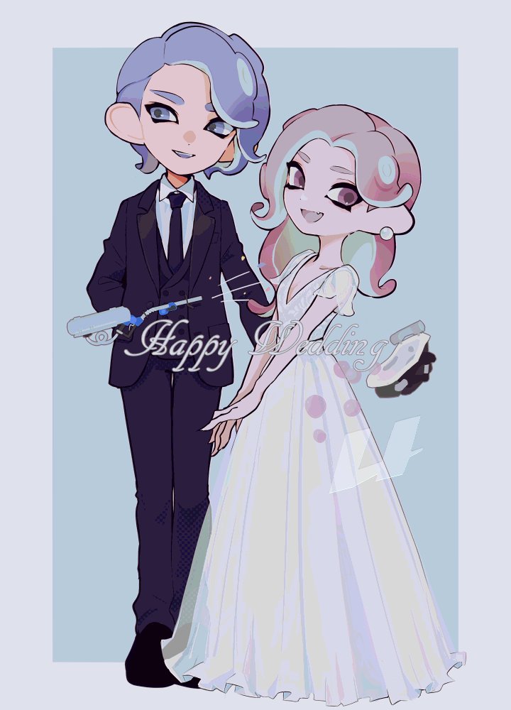 1boy 1girl :d black_jacket black_necktie black_pants black_vest bloblobber_(splatoon) blue_eyes blue_hair breasts bride cleavage collared_shirt commentary dress e-liter_4k_(splatoon) earrings fang groom imaikuy0 jacket jewelry light_blue_hair long_hair long_sleeves necktie nintendo octoling octoling_boy octoling_girl octoling_player_character open_mouth pants pearl_earrings pink_eyes pink_hair shirt short_hair short_sleeves small_breasts smile splatoon_(series) symbol-only_commentary tentacle_hair v_arms vest wedding_dress white_dress white_shirt