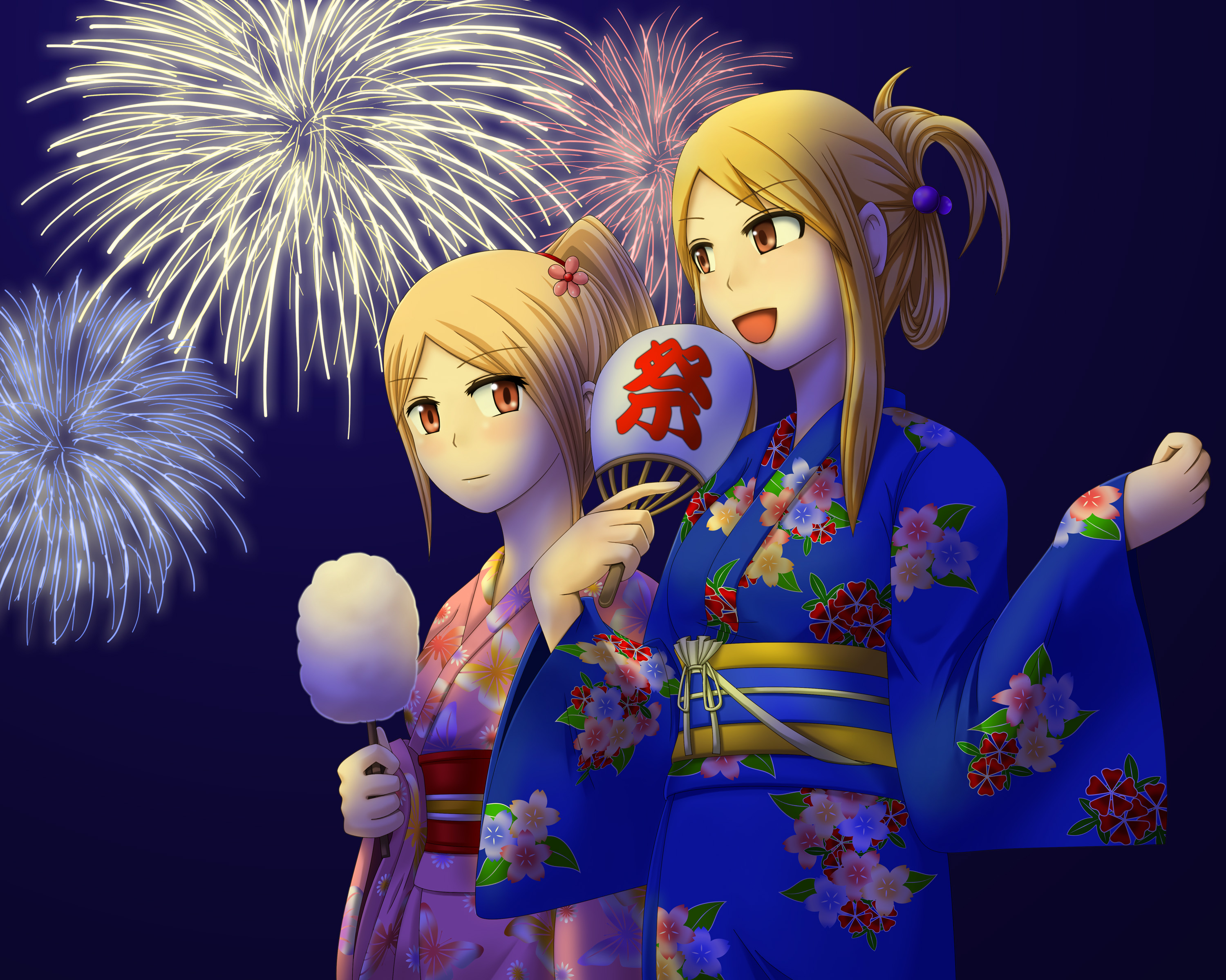 2girls absurdres agrias_oaks blonde_hair breasts cotton_candy final_fantasy final_fantasy_tactics fireworks food highres holding holding_cotton_candy holding_food japanese_clothes kimono long_hair multiple_girls ovelia_atkascha rawza short_hair yukata