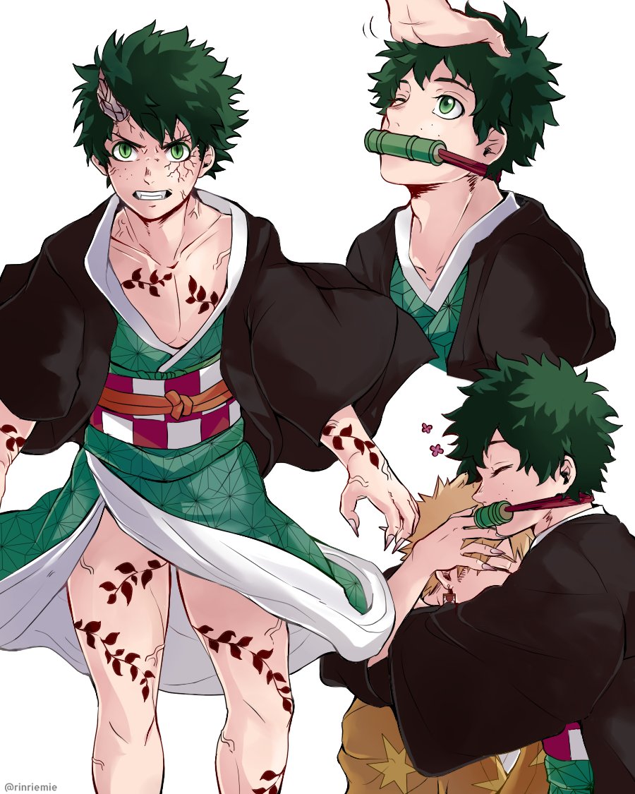 2boys bakugou_katsuki bit_gag black_hair blonde_hair blush boku_no_hero_academia checkered_sash closed_eyes collarbone commentary cosplay earrings english_commentary fangs fingernails freckles gag gagged gagged_(willingly) gagged_male green_eyes green_hair green_kimono grey_background horns hug japanese_clothes jewelry kamado_nezuko kamado_nezuko_(cosplay) kimetsu_no_yaiba kimono long_sleeves looking_at_viewer male_focus midoriya_izuku multiple_boys one_eye_closed oni rin_(rinriemie) sash sharp_fingernails simple_background single_horn slit_pupils smile sparkle twitter_username wide_sleeves yaoi