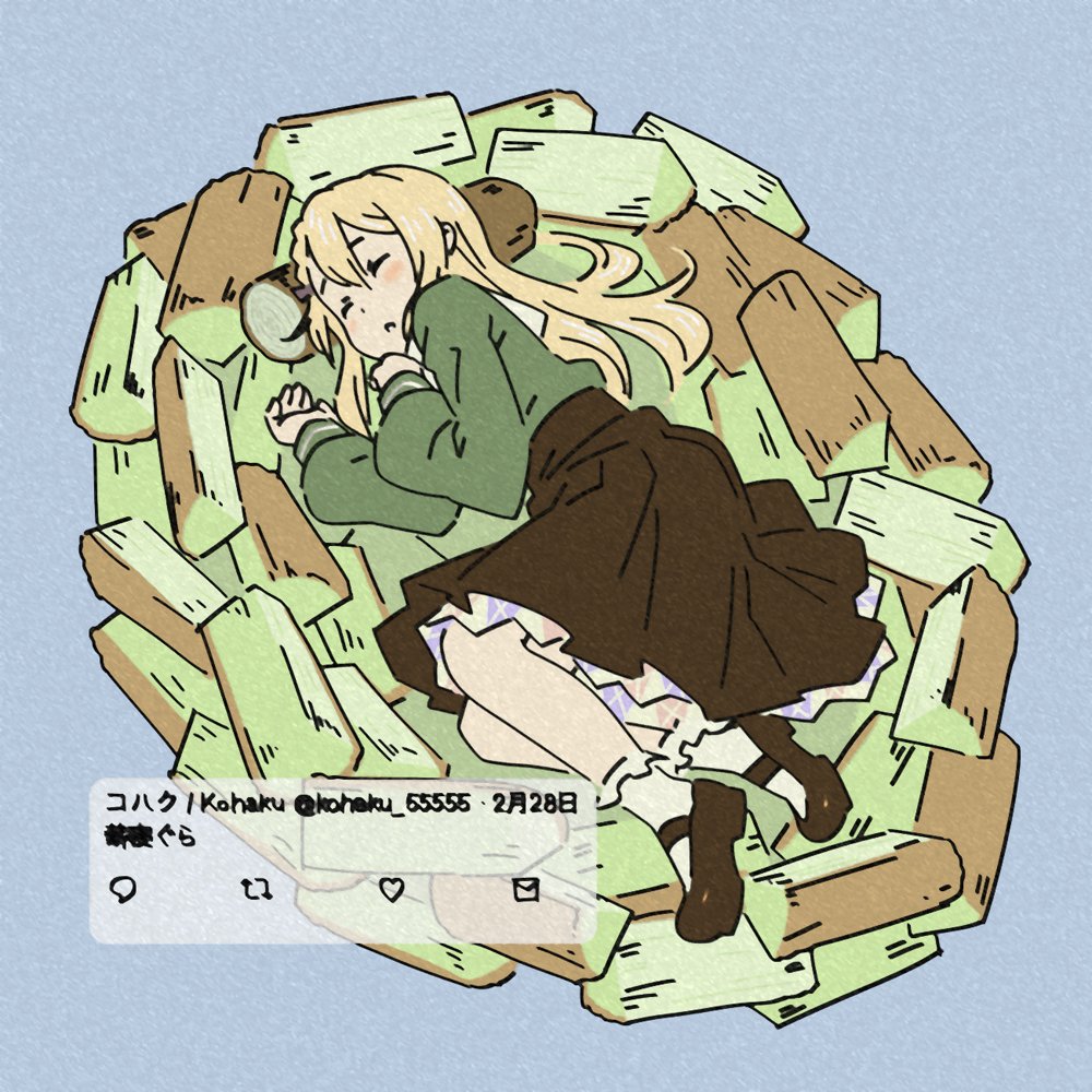 1girl black_shoes black_skirt blonde_hair blue_background closed_eyes firewood full_body green_shirt indie_virtual_youtuber kohaku_(kohaku_55555) log long_hair long_sleeves lying magari_(c0rn3r) mary_janes nest on_side pleated_skirt shirt shirt_tucked_in shoes simple_background skirt sleeping socks solo translation_request tweet virtual_youtuber white_socks