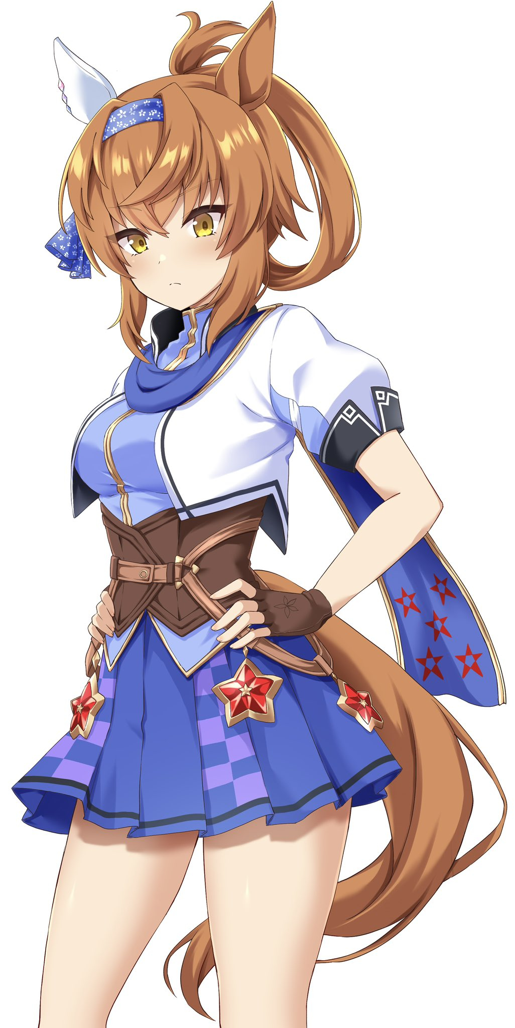 1girl animal_ear_piercing animal_ears aqua_shirt blue_background blue_hairband blue_scarf blue_skirt breasts brown_corset brown_gloves brown_tail checkered_clothes checkered_skirt collared_jacket commentary_request corset cowboy_shot cropped_jacket ear_covers fold-over_gloves furioso_(umamusume) gloves gold_trim hair_intakes hair_rings hairband hands_up highres horse_ears horse_girl horse_tail jacket leather leather_gloves light_blush looking_at_viewer medium_breasts medium_hair miniskirt open_mouth orange_hair pleated_skirt print_scarf ryochapu scarf shirt short_sleeves sidelocks simple_background single_ear_cover single_hair_ring skindentation skirt solo standing star_(symbol) star_ornament star_print tail umamusume white_background white_jacket yellow_eyes