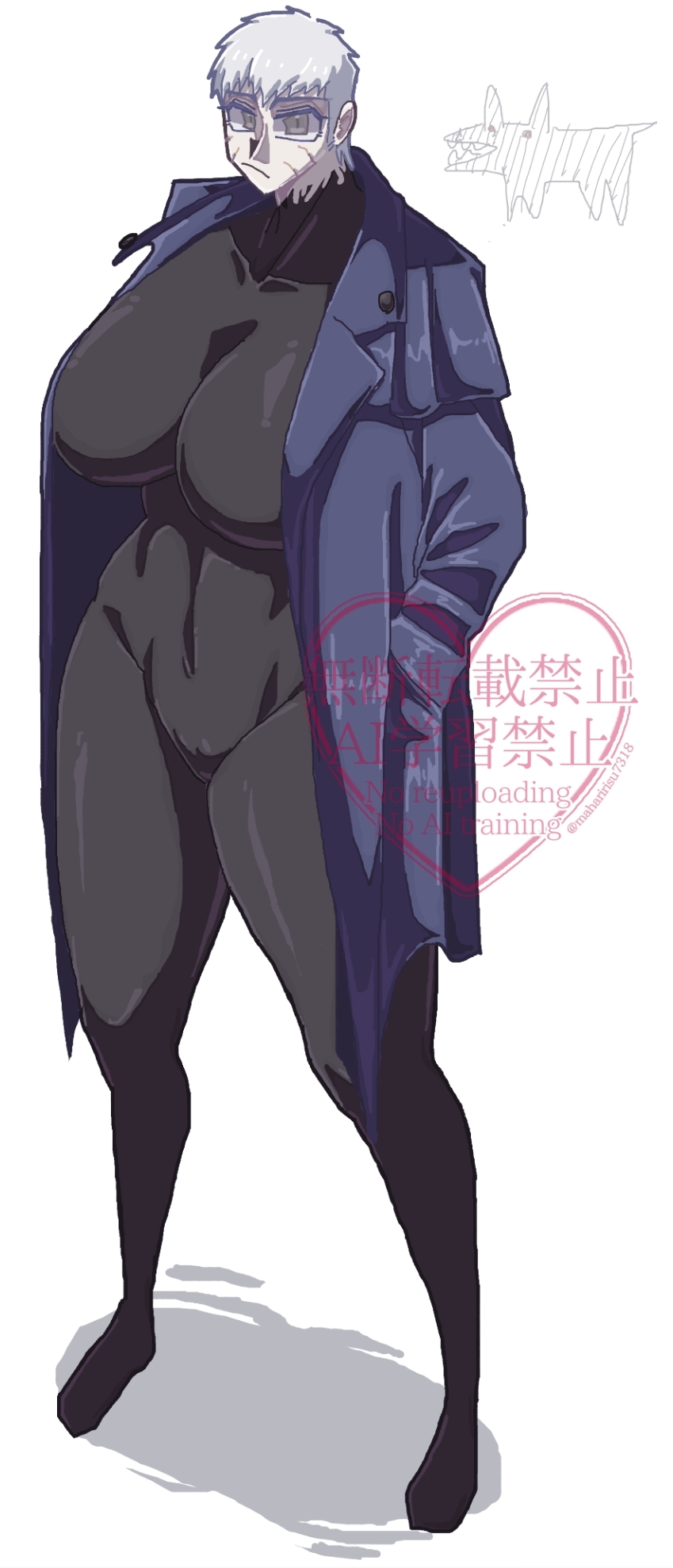 1girl abs big_female black_bodysuit black_coat bodysuit bodysuit_under_clothes breasts coat colored_skin genderswap genderswap_(mtf) grey_eyes grey_hair grey_skin hands_in_pockets highres huge_breasts implied_nudity jacket long_coat looking_at_viewer maharirisu7318 mature_female melty_blood muscular muscular_female nrvnqsr_chaos pussy short_hair simple_background standing thick_thighs thighs tight_clothes tsukihime vampire wide_hips