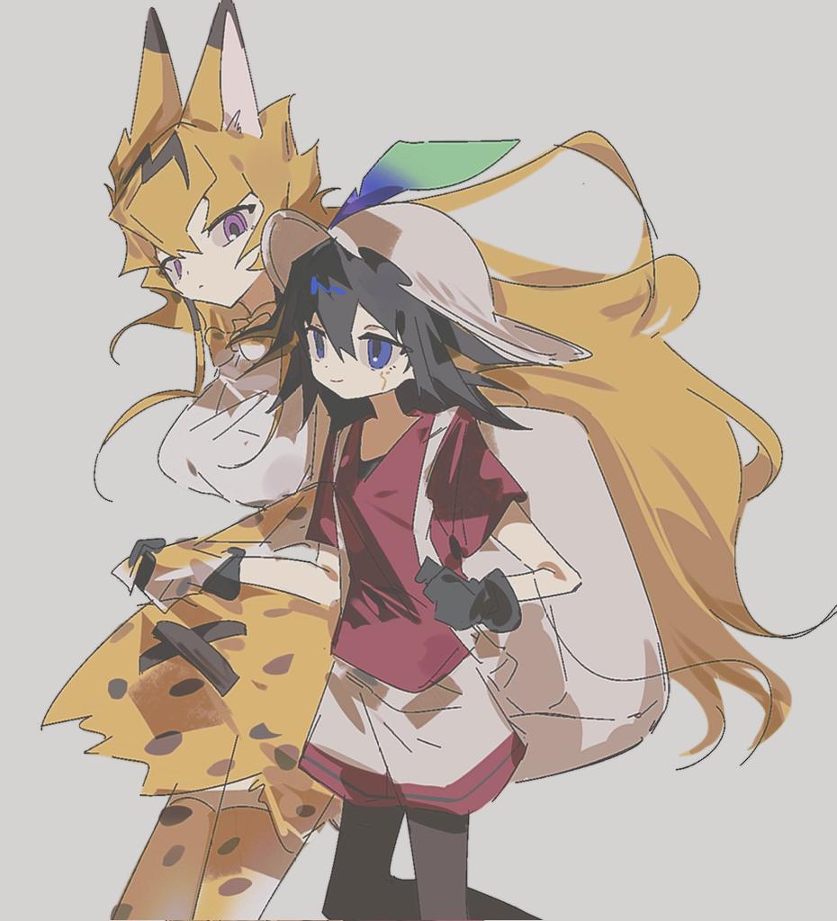2girls ac_warlock animal_ears animal_print backpack bag blonde_hair blue_eyes bow cosplay facial_tattoo fudo_yusei genderswap genderswap_(mtf) gloves hat hat_feather jack_atlas kaban_(kemono_friends) kaban_(kemono_friends)_(cosplay) kemono_friends kemonomimi_mode long_hair multiple_girls purple_eyes serval_(kemono_friends) serval_(kemono_friends)_(cosplay) shirt short_sleeves shorts smile tattoo yu-gi-oh! yu-gi-oh!_5d&#039;s