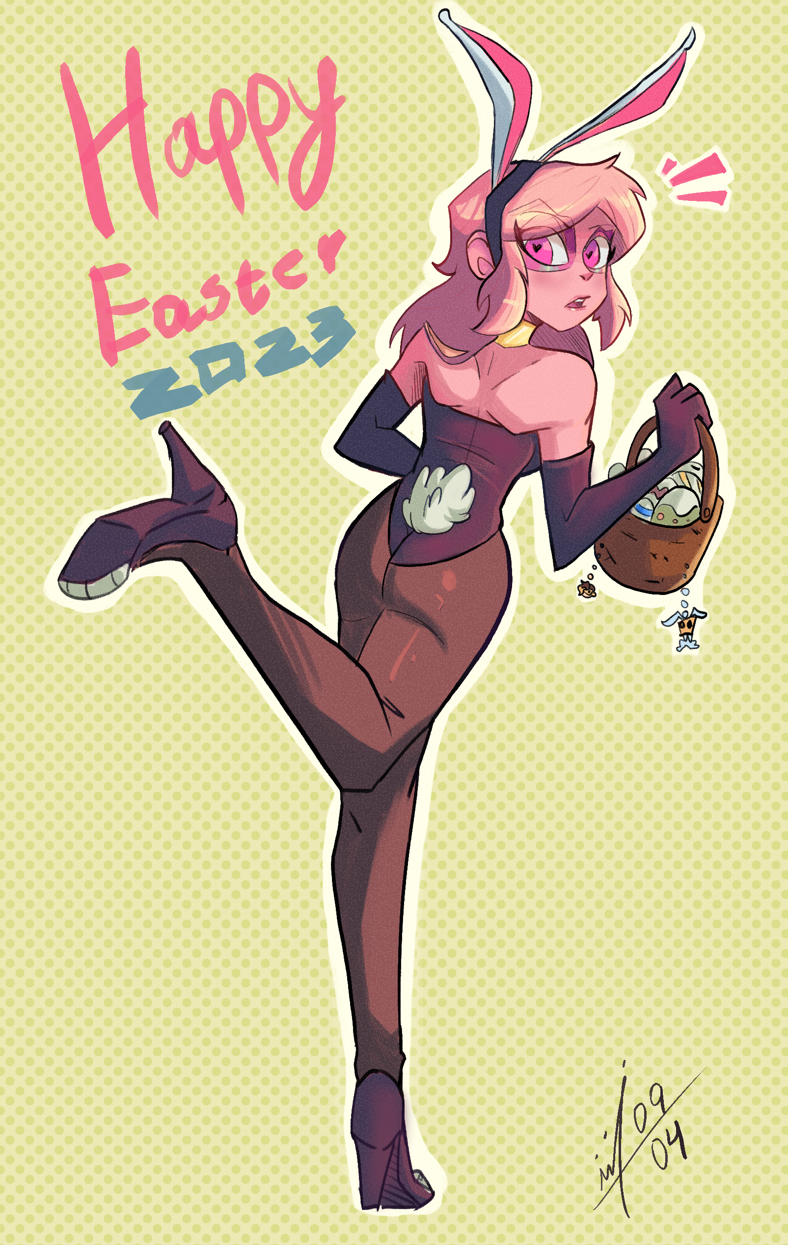 1girl absurdres ass choker easter_egg egg elbow_gloves gloves high_heels highres leotard miss_heed pink_hair playboy_bunny solo villainous