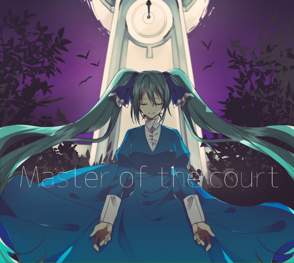 1girl asterisk_(oa_ir) backlighting bird blue_dress blue_ribbon clock clock_tower clockworker&#039;s_doll closed_eyes dress evillious_nendaiki forest full_moon hair_ribbon hatsune_miku houtei_no_nushi long_hair master_of_the_court_(vocaloid) moon nature night night_sky pale_skin purple_sky ribbon silhouette sky smile solo song_name tower tree twintails very_long_hair victorian vocaloid